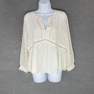LOFT Top Women's XS Ivory Swiss Dot Flowy‎ Long Sleeve Peasant Blouse Romantic